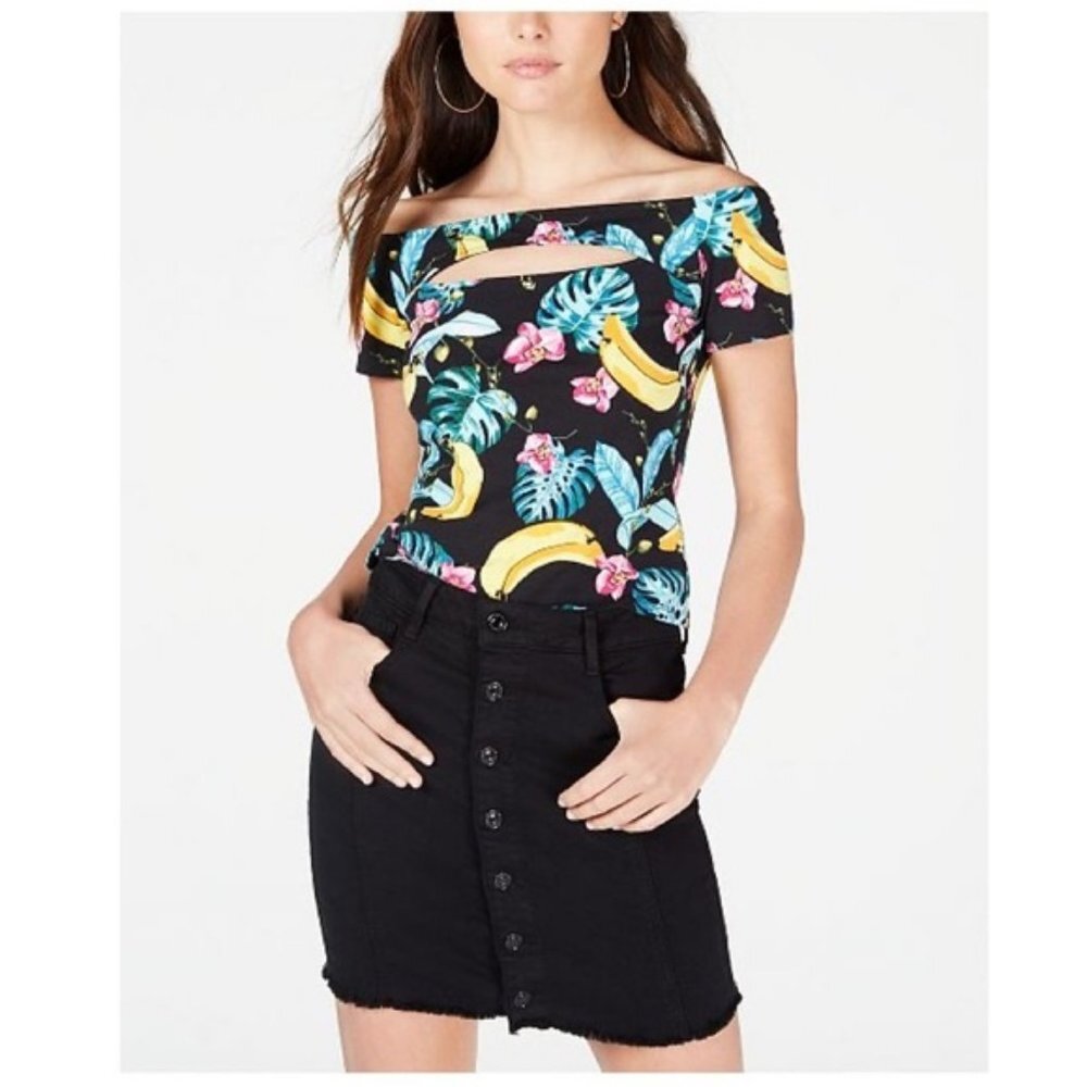 Guess women S off shoulder Jayla top Chica print short sleeve Hawaii Tropical